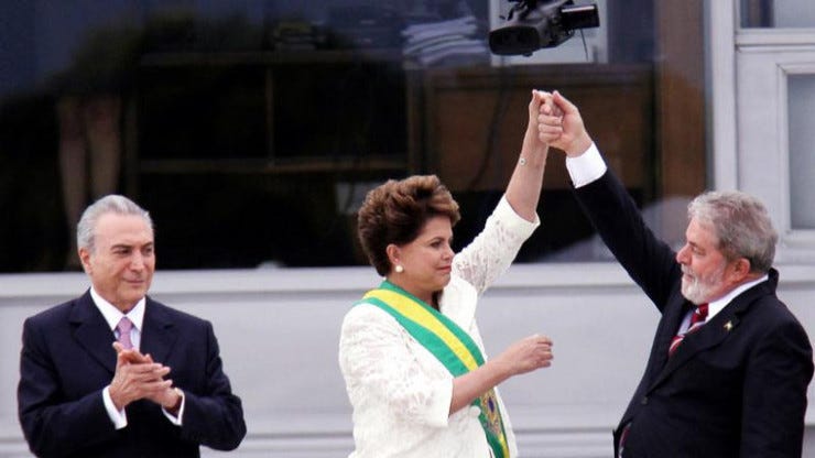 Michel Temer (l), Dilma Rousseff (m) en Lula (r)