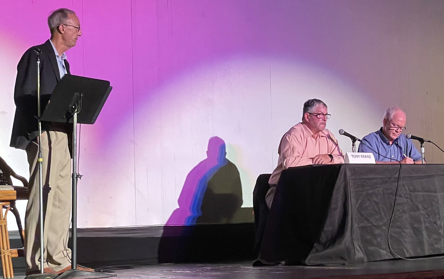 Moderator Neil Hokanson, left, asks a question to Encinitas Mayor Tony Kranz, middle, and Councilman Bruce Ehlers during their debate on Monday at the La Paloma Theatre. Steve Puterski photo