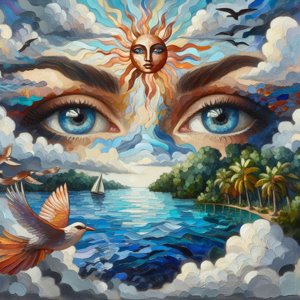 Chunky oil painting image; Belize inspired waterway painted across a womans eyes. The woman has two eyes showing. I see two eyes. two eyes side by side. One, two.Echo.The Blue Hole (Belize)eyeball has a mountain range for a nose and clouds for eyebrows. birds  shimmering with iridescence, reminiscent of stained glass windows catching the sunlight.There is a sun in the sky with the face of a god and it's made of copper and glass. The clouds are fluffy and white.