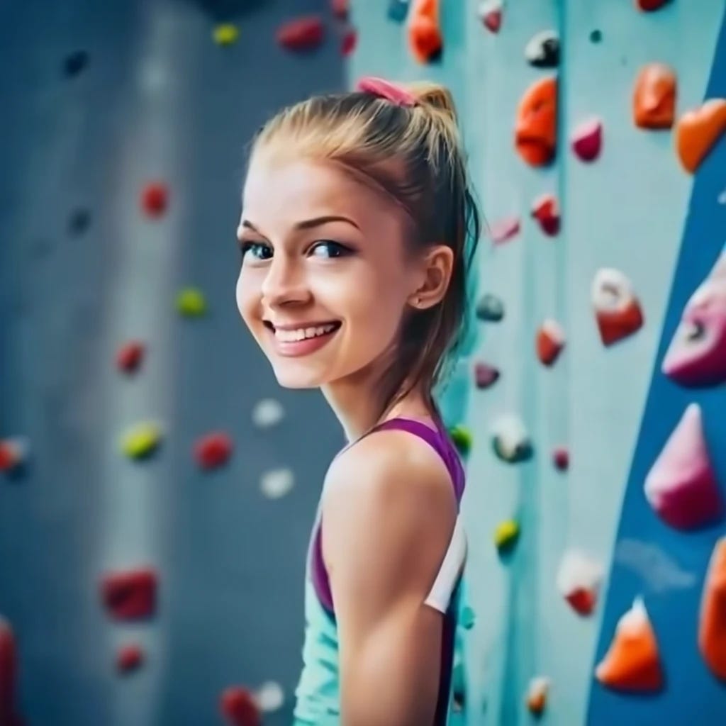 smiling white girl climbing rock wall at gym