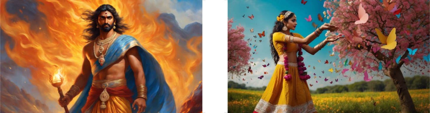 In these images, the essence of Indian mythology and the celebration of nature are artistically captured. On the left, an imposing mythological figure, perhaps a warrior or a god, stands with a flaming torch, his gaze intense and commanding against the dramatic backdrop of a fiery landscape. The warm tones and the dynamic swirls of fire emphasize his power and the epic nature of the tales from which he emerges. The right image presents a stark contrast, where a girl in traditional attire dances amongst butterflies, with a blooming tree and a field of flowers around her, conveying the joy and gentleness of spring. The imagery, with its vivid colors and sense of movement, celebrates the themes of regeneration, beauty, and the cyclical nature of life.