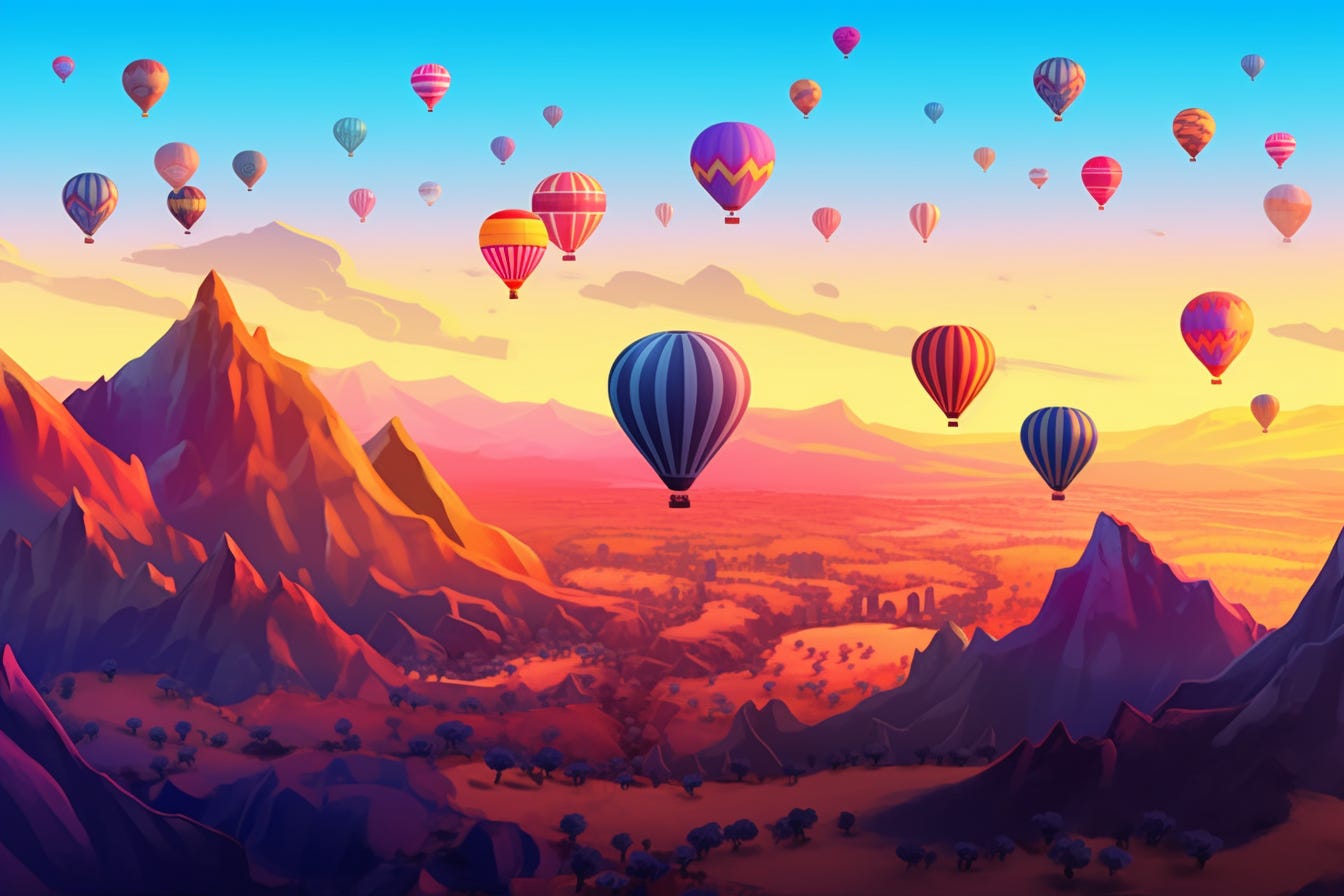 A stylized beautiful tableau of hot air balloons over a landscape during the golden hour.