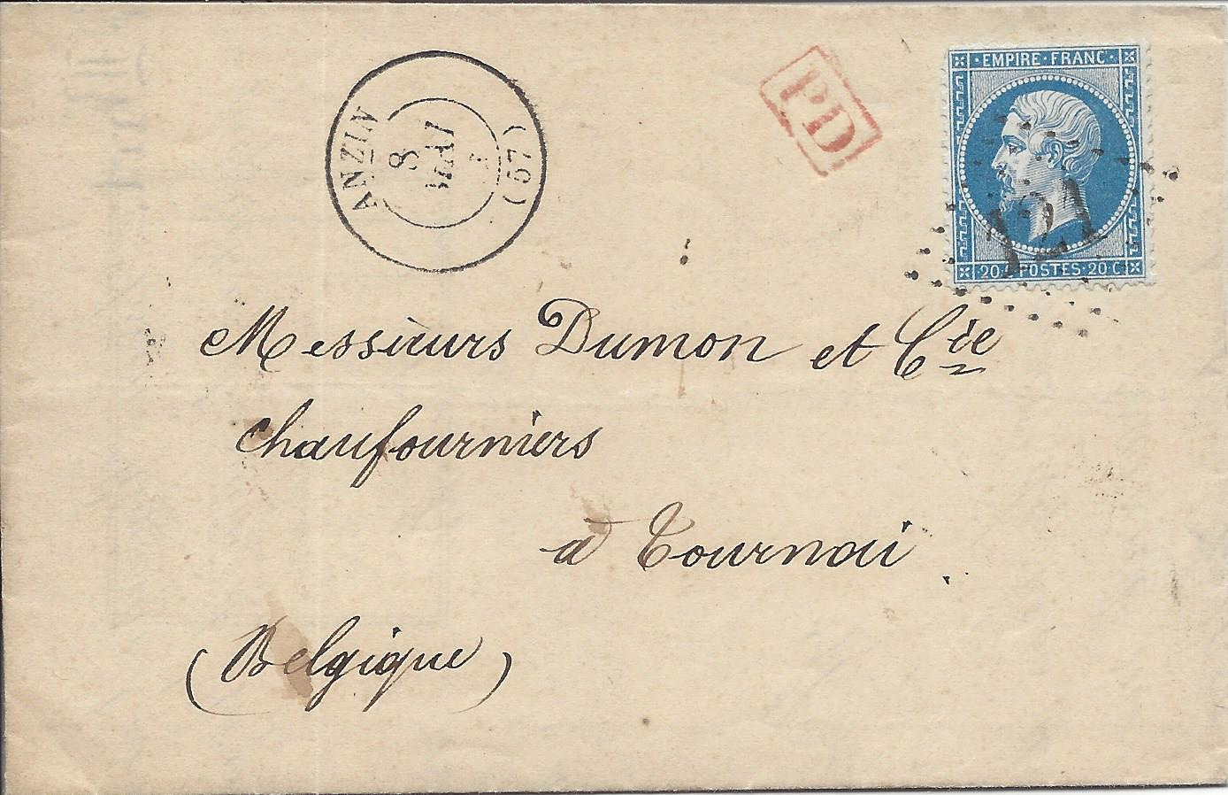 1866 folded business letter from France to Belgium