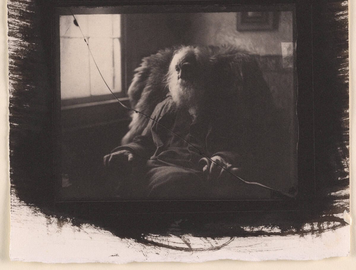 Cracked platinum portrait of Walt Whitman sitting in armchair