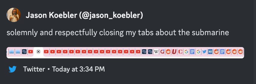 Jaon Koebler tweets: “solemnly and respectfully closing my tabs about the submarine”