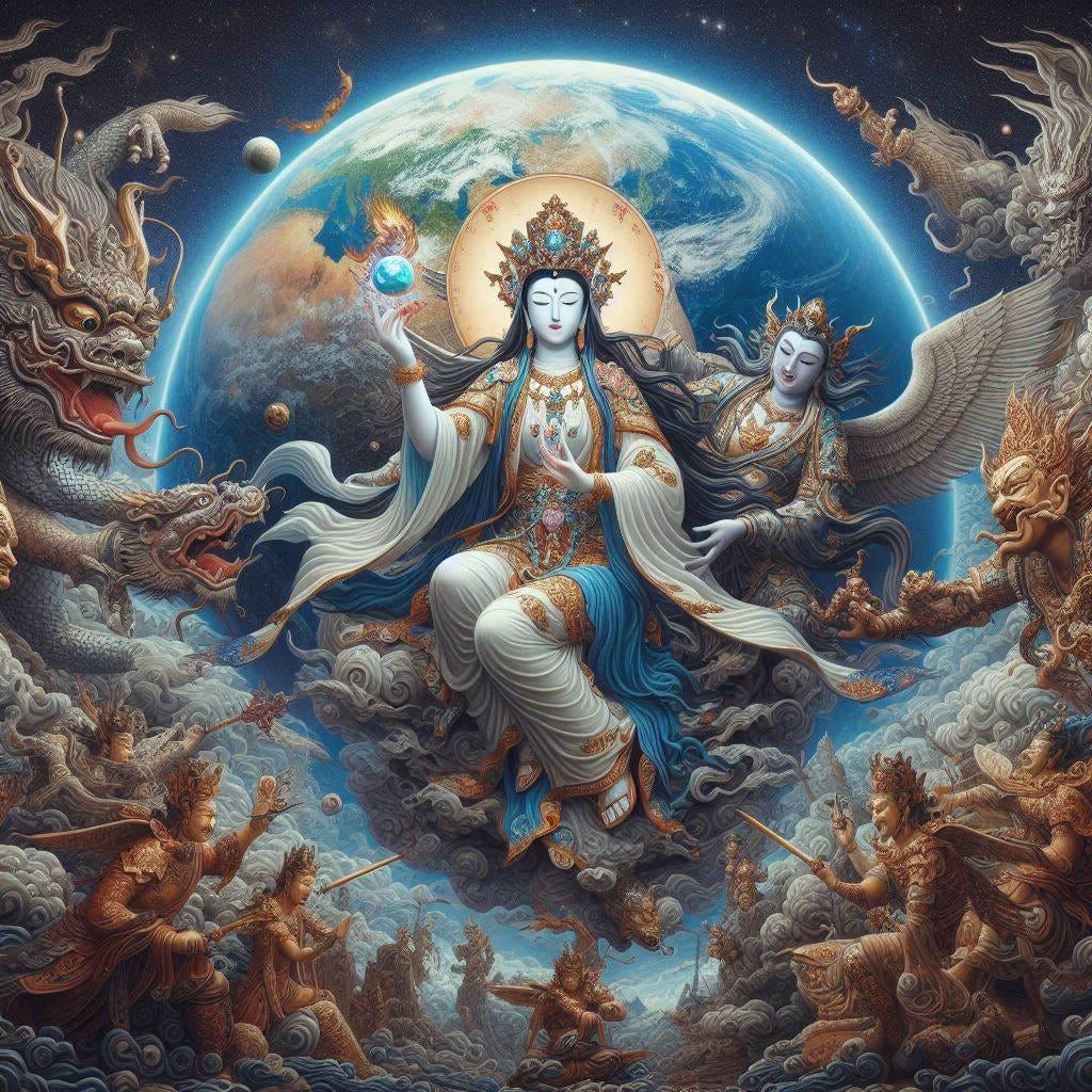 The Goddess of Peace Guanyin subdues the Demon of War Gonggong Planet Earth in the background