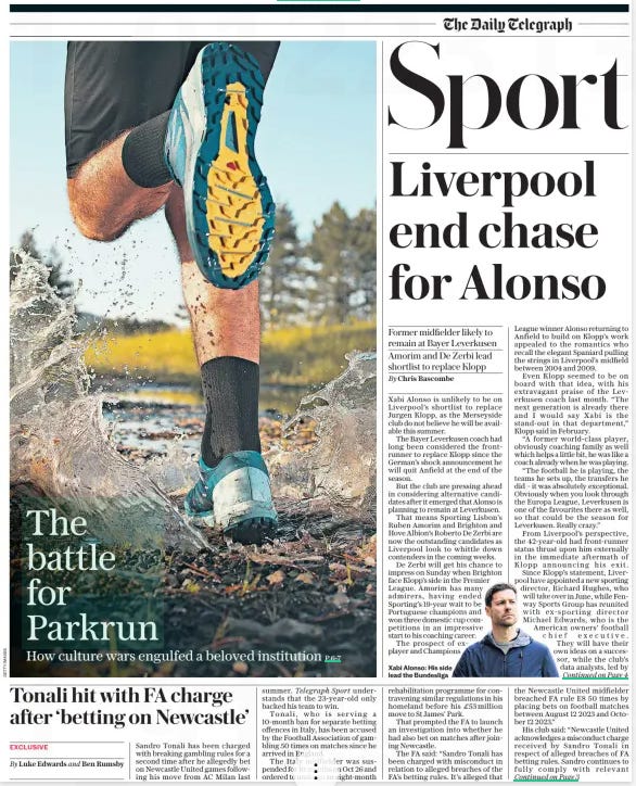 Telegraph sport frontpage with The battle for Parkrun. How culture wards engulfed a beloved institution