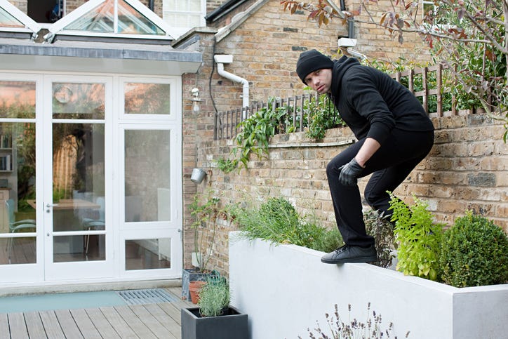 Image of Unmasked Male Burglar Climbing Fence into Back Yard