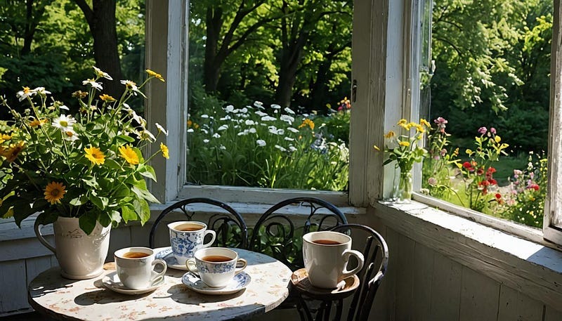 Porch with table with cups and saucers on table