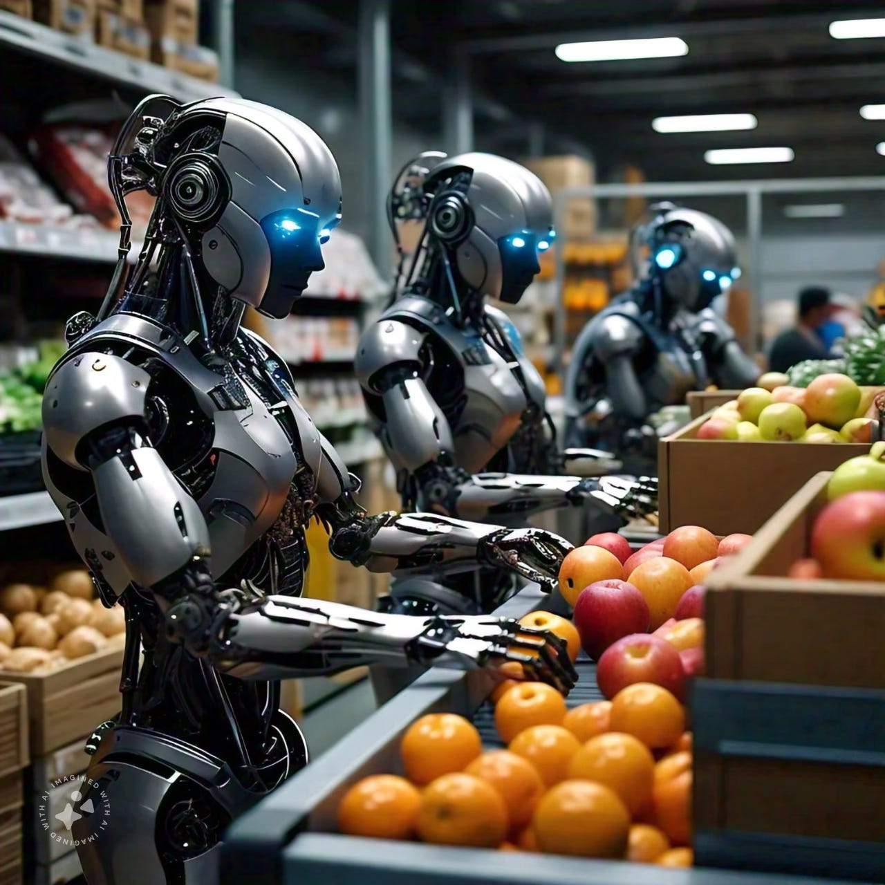 Robots working in a grocery store.  Commercial real estate implications of robotics. 