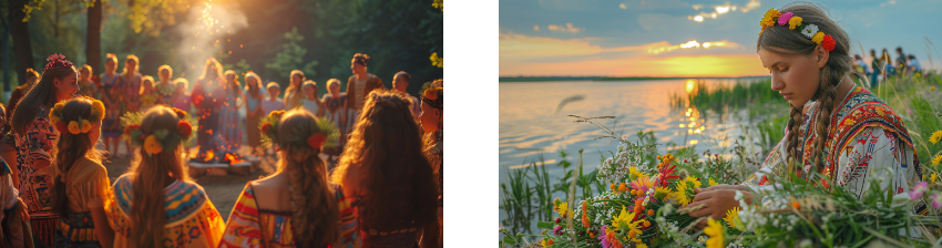 People in traditional clothing celebrating around a campfire in the forest and a young woman weaving flowers by a lakeside at sunset.