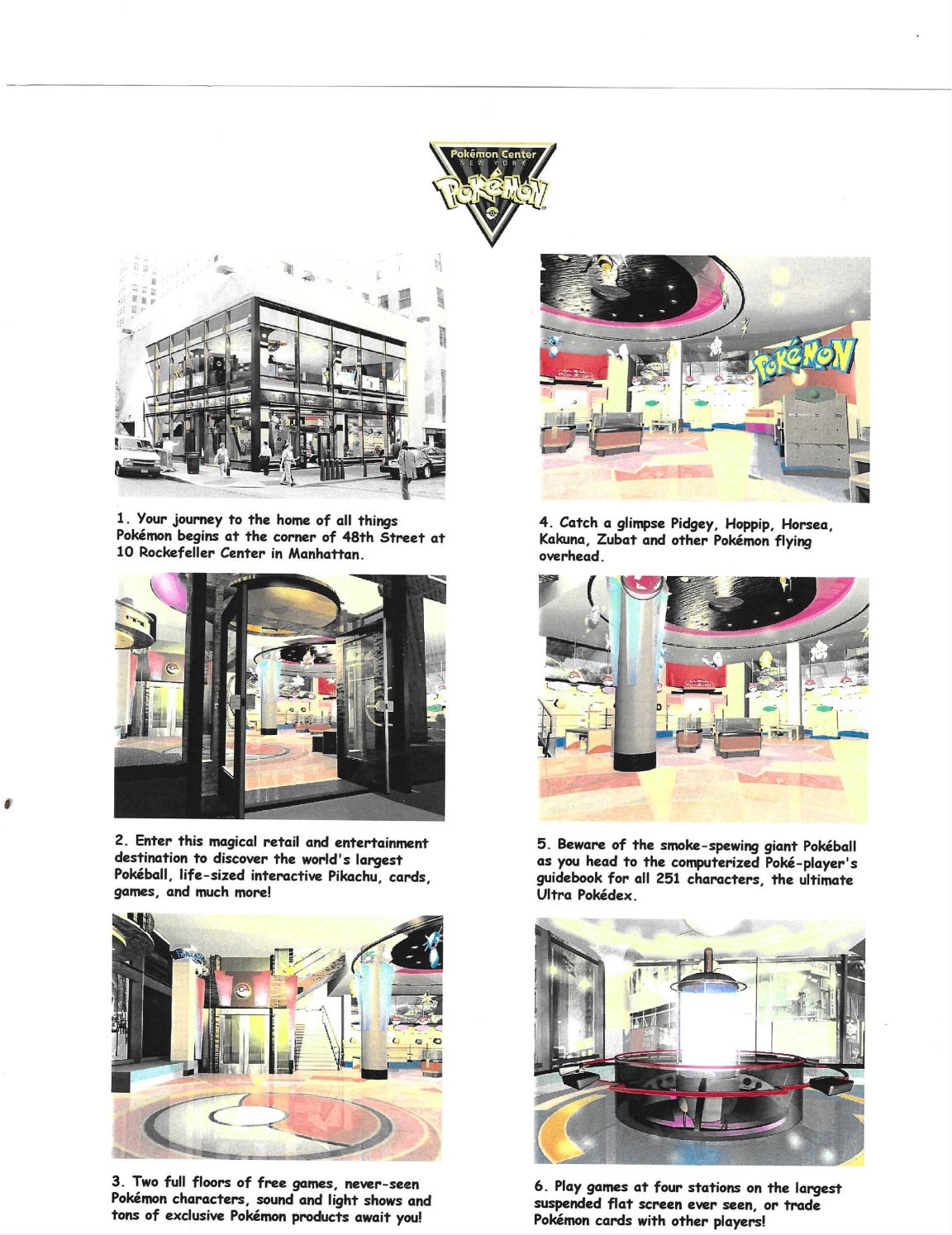A scan of a features document for the grand opening of the Pokémon Center NYC