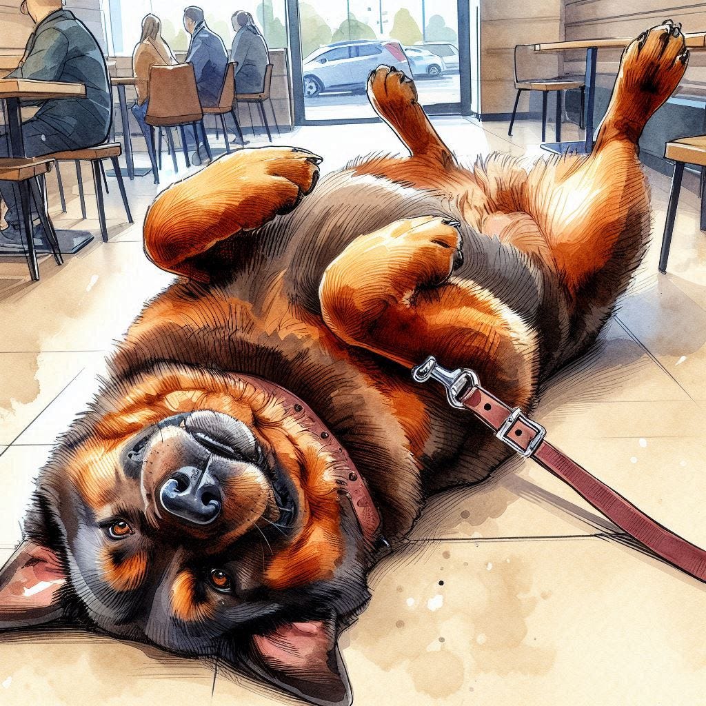 Dog lying on back in restaurant. Image by Bing.