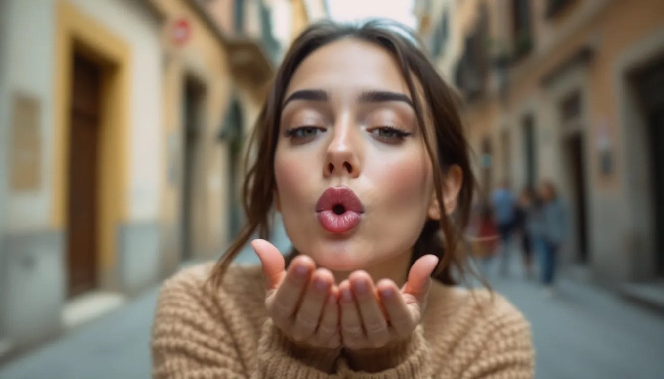 Flux Labs AI Prompt: POV shot, a photorealistic photo of a female blowing a kiss at the camera, set against Italian street background