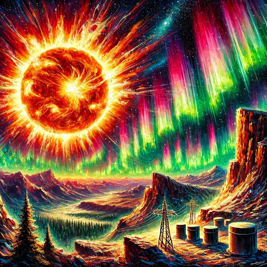 A vibrant oil painting of a powerful solar storm with intense, colorful auroras visible over a high-altitude, rocky landscape. In the background, a fiery solar flare erupts from the sun, casting an intense orange and red glow across the sky. The auroras show greens and pinks sweeping close to the horizon, representing unusually low latitude visibility due to Earth's weakening magnetic field. In the midground, a subtle hint of electric transformers and grids can be seen, symbolizing vulnerability to solar events. Underground entrances and structures blend into the rugged terrain, symbolizing ancient resilience to cosmic forces. Starry sky with dynamic light contrasts. Expressive brush strokes and bold colors convey energy and tension.