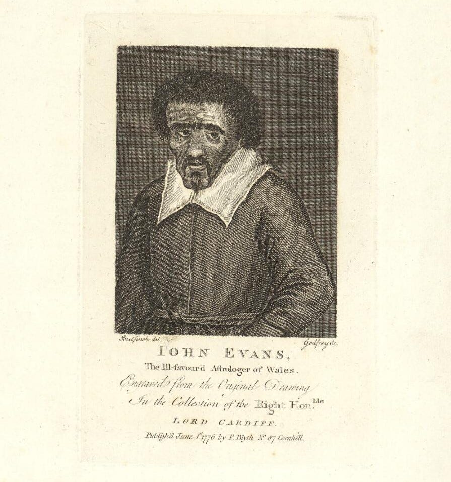 This 18th-century engraving shows a gloomy-looking man with dark curly hair and a drooping moustache. He has thick eyebrows and is looking downwards towards the lower right corner of the image. He wears a plain dark tunic with a large white collar.