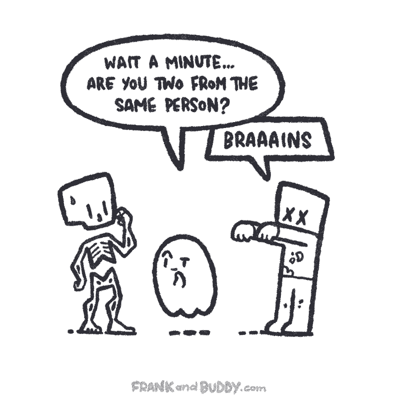 A skeleton, and zombie, and a ghost are talking in this webcomic. The ghost asks the skeleton if the zombie is that same person as they are. The zombie says Brains.