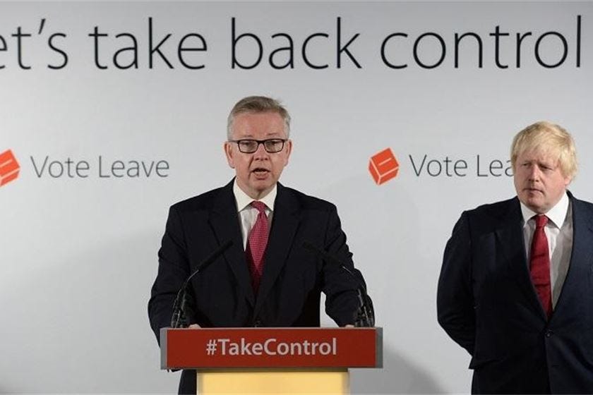 Michael Gove and Boris Johnson in front of the slogan 'Let's take back control'