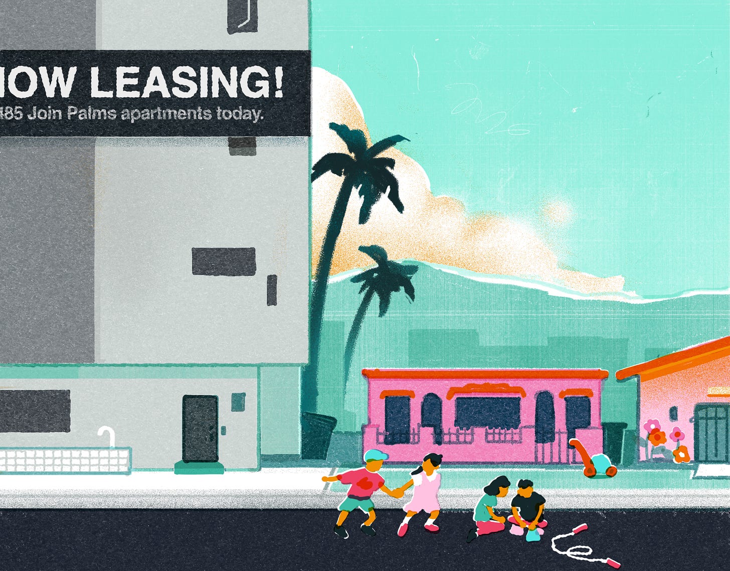 A large black and gray building with no plant life that takes up half the frame and bears a Now Leasing sign looms over smaller, more colorful buildings. Kids play in the street in front of the smaller homes. 
