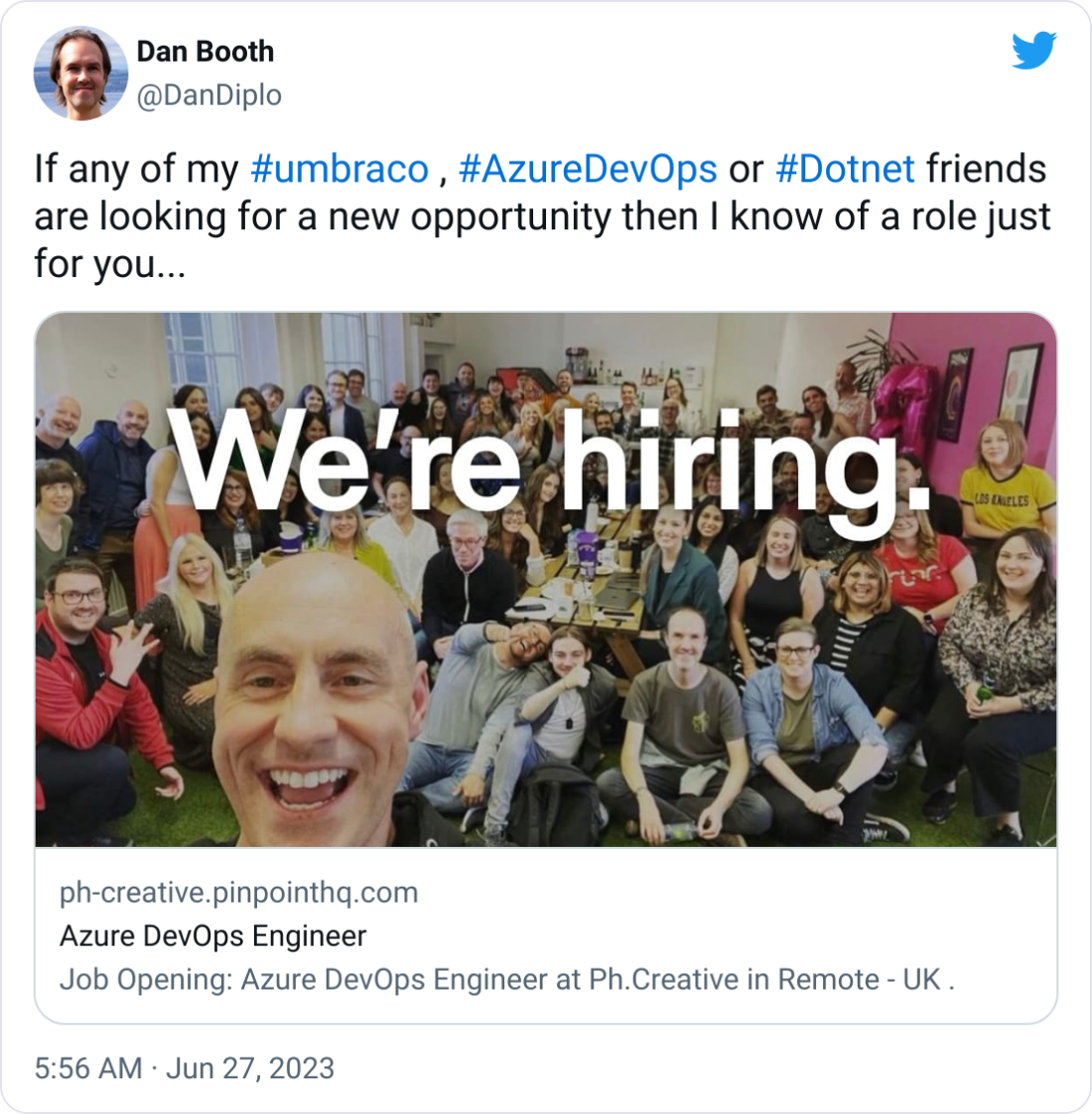 Dan Booth @DanDiplo If any of my #umbraco , #AzureDevOps or #Dotnet friends are looking for a new opportunity then I know of a role just for you...