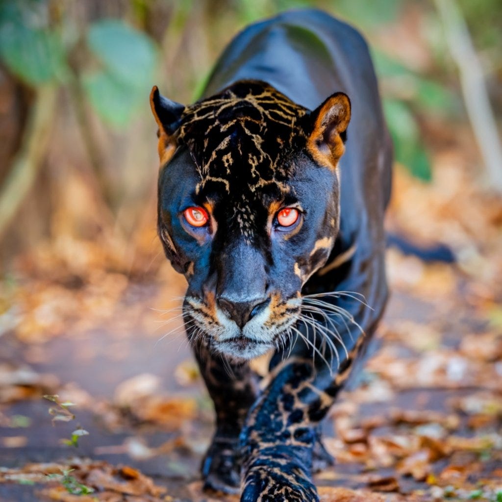 A black jaguar with glowing red eyes paces towards the viewer