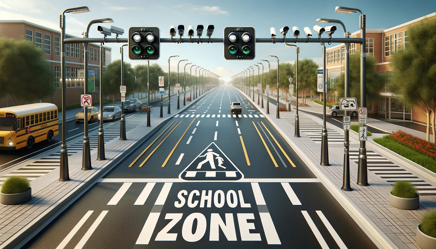 A photorealistic graphic of a two-lane road in a school zone. The scene includes clearly marked school zone signs and pedestrian crosswalks. Overlooking the road, there are traffic cameras mounted on poles, actively monitoring the area. The atmosphere is serene with a clear sky, and the school building is visible in the background. The road is lined with trees and streetlights, creating a safe and community-oriented environment.