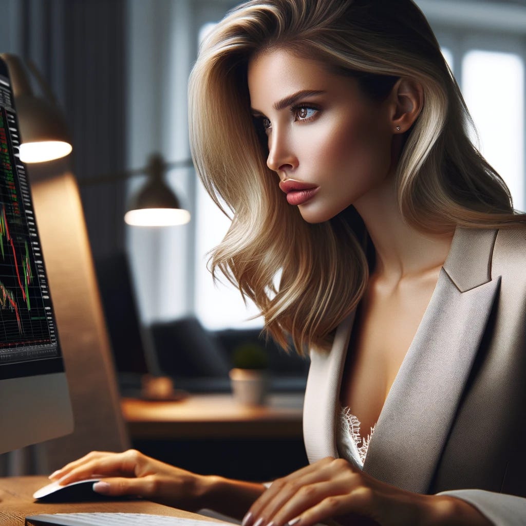 A beautiful woman with blonde hair is sitting at a desk, intensely focused on her computer screen. The screen shows various stock market charts and data, indicating she is researching stocks ahead of earnings. She has an expression of concentration and determination. The room around her is well-lit, with a modern, professional decor. She is dressed smartly in business attire, symbolizing her seriousness and expertise in financial matters. The image captures a moment of intellectual curiosity and financial acumen.