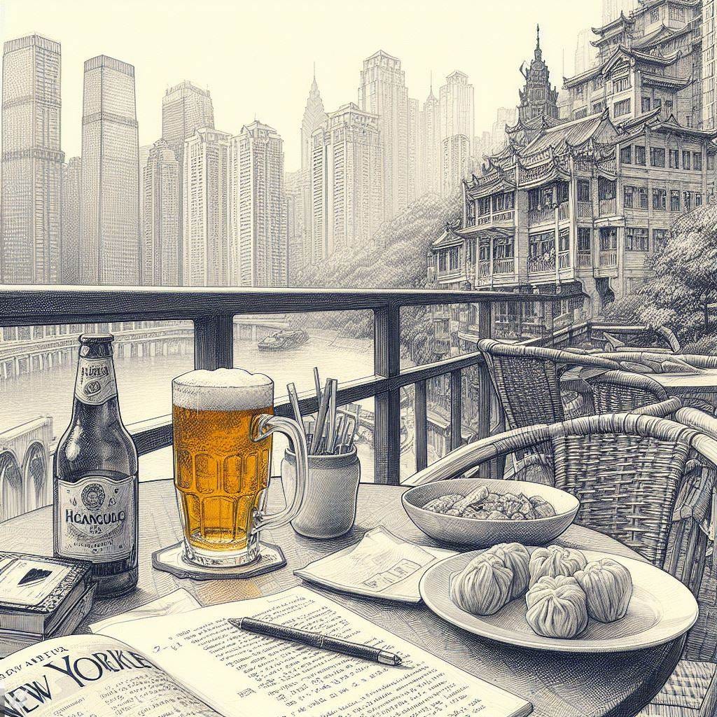 Una terraza de un café de Chongqing, con una cerveza y un plato de dumplings en la mesa, una libreta a medio escribir, un ejemplar de la revista de The New Yorker, todo dibujado a lapiz