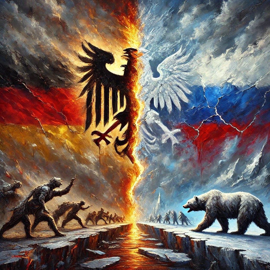 A powerful oil painting symbolizing the historic clash and prevented alliance between Germany and Russia. Two abstract forms represent Germany and Russia, with one side featuring subtle German motifs like the outline of an eagle and colors like dark iron gray with red accents, and the other side hinting at Russian motifs with hints of a bear silhouette and icy blue tones with traces of amber. A jagged, flaming divide separates them, and fractured pieces break off from each figure, symbolizing the damage caused by keeping them apart. The background is turbulent, with storm clouds and muted reds and blues, creating an atmosphere of conflict and tension. Bold, textured brush strokes add intensity and depth.