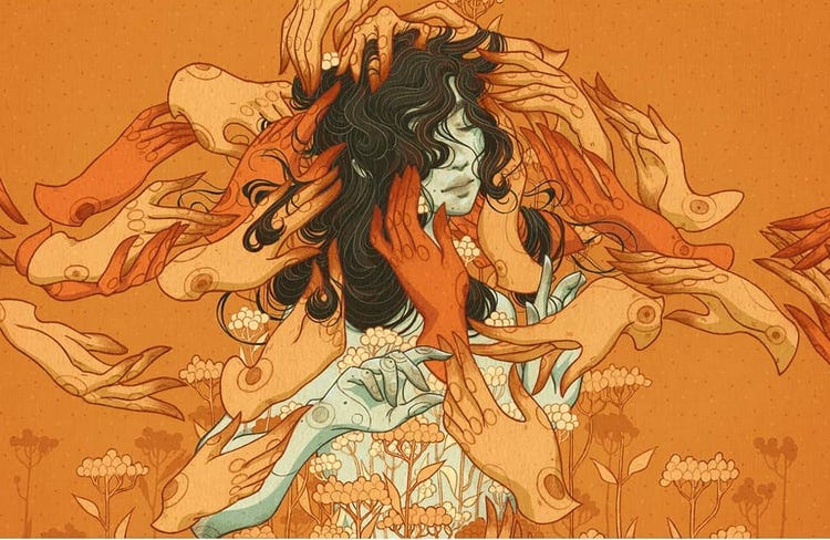 ilustração de uma mulher de expressão tranquila e olhos fechados, com uma dezena de mãos flutuantes e desatreladas de corpos acariciando seu rosto. A cor majoritária é laranja, e vemos flores ao redor.