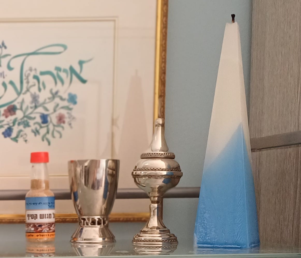 Havdalah set on shelf with sand from a Jewish town in Gaza destroyed 2005 by Israel when Gaza was give to Palestinian control. Havdalah set on shelf with sand from a Jewish town in Gaza destroyed 2005 by Israel when Gaza was give to Palestinian control.
