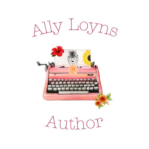 Ally Loyns author logo, a pink typewriter with flowers on paper coming out of it