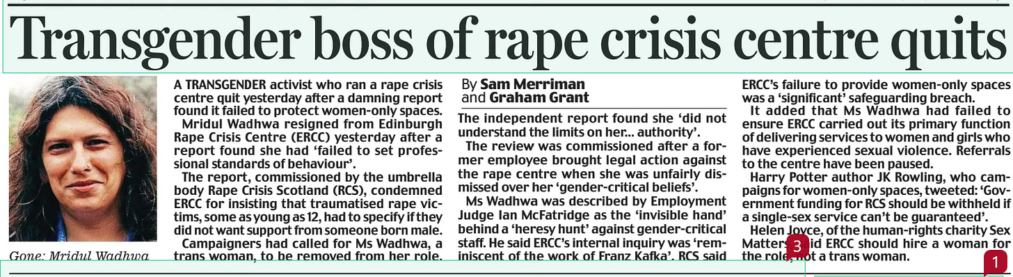 Transgender boss of rape crisis centre quits Daily Mail14 Sep 2024By Sam Merriman and Graham Grant  Gone: Mridul Wadhwa A TRANSGENDER activist who ran a rape crisis centre quit yesterday after a damning report found it failed to protect women-only spaces.  Mridul Wadhwa resigned from Edinburgh Rape Crisis Centre (ERCC) yesterday after a report found she had ‘failed to set professional standards of behaviour’.  The report, commissioned by the umbrella body Rape Crisis Scotland (RCS), condemned ERCC for insisting that traumatised rape victims, some as young as 12, had to specify if they did not want support from someone born male.  Campaigners had called for Ms Wadhwa, a trans woman, to be removed from her role.  The independent report found she ‘did not understand the limits on her... authority’.  The review was commissioned after a former employee brought legal action against the rape centre when she was unfairly dismissed over her ‘gender-critical beliefs’.  Ms Wadhwa was described by Employment Judge Ian McFatridge as the ‘invisible hand’ behind a ‘heresy hunt’ against gender-critical staff. He said ERCC’s internal inquiry was ‘reminiscent of the work of Franz Kafka’. RCS said ERCC’s failure to provide women-only spaces was a ‘significant’ safeguarding breach.  It added that Ms Wadhwa had failed to ensure ERCC carried out its primary function of delivering services to women and girls who have experienced sexual violence. Referrals to the centre have been paused.  Harry Potter author JK Rowling, who campaigns for women-only spaces, tweeted: ‘Government funding for RCS should be withheld if a single-sex service can’t be guaranteed’.  Helen Joyce, of the human-rights charity Sex Matters, said ERCC should hire a woman for the role, not a trans woman.  Article Name:Transgender boss of rape crisis centre quits Publication:Daily Mail Author:By Sam Merriman and Graham Grant Start Page:10 End Page:10