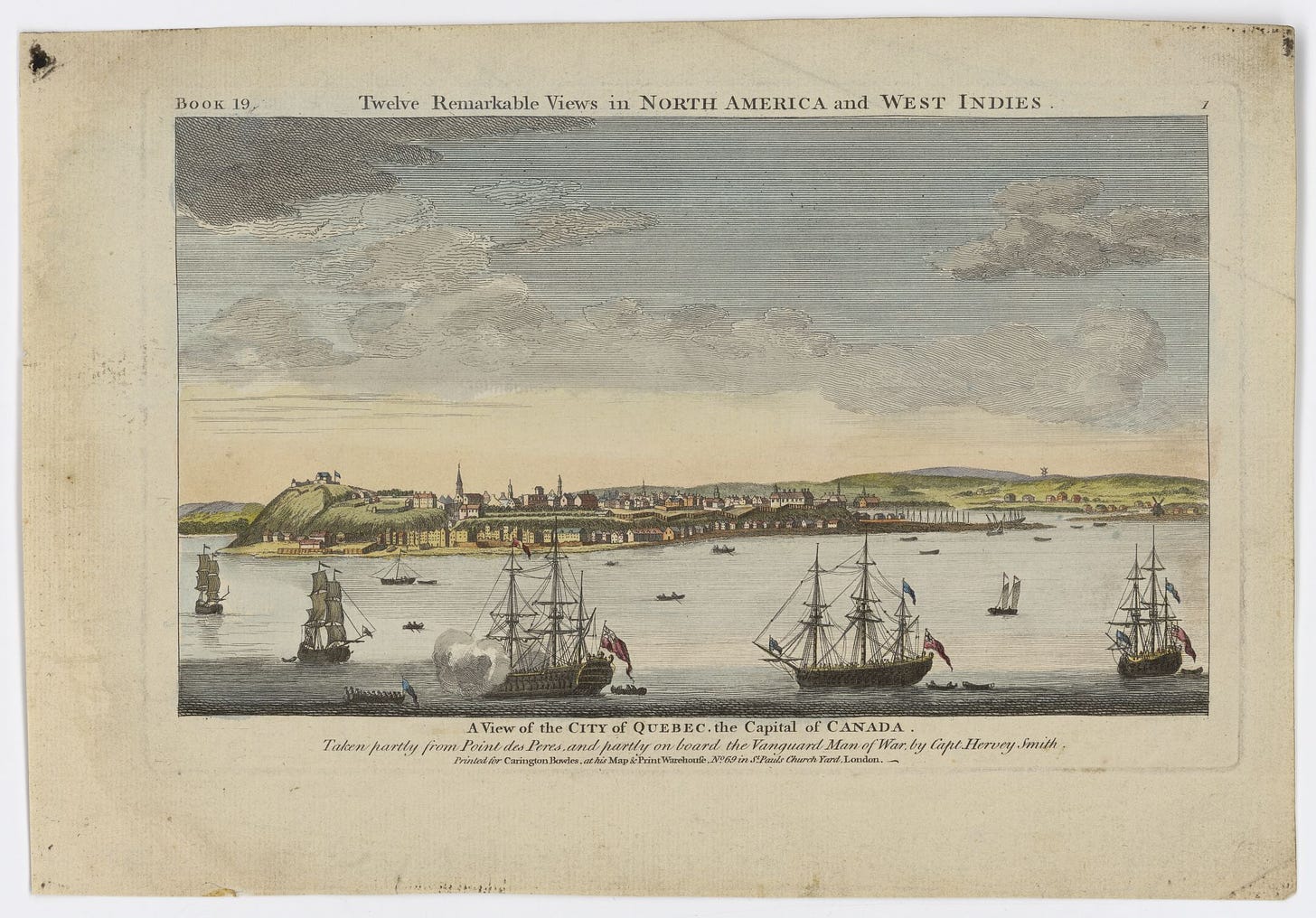A view of Québec City around 1760, a hundred years later. Note the harbour and the small size of the settlement, even then. Created by Hervey Smith.
