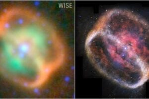 Two infrared views of NGC 1514. At left is an observation from NASA’s Wide-field Infrared Survey Explorer (WISE). At right is a more refined image from NASA’s James Webb Space Telescope.