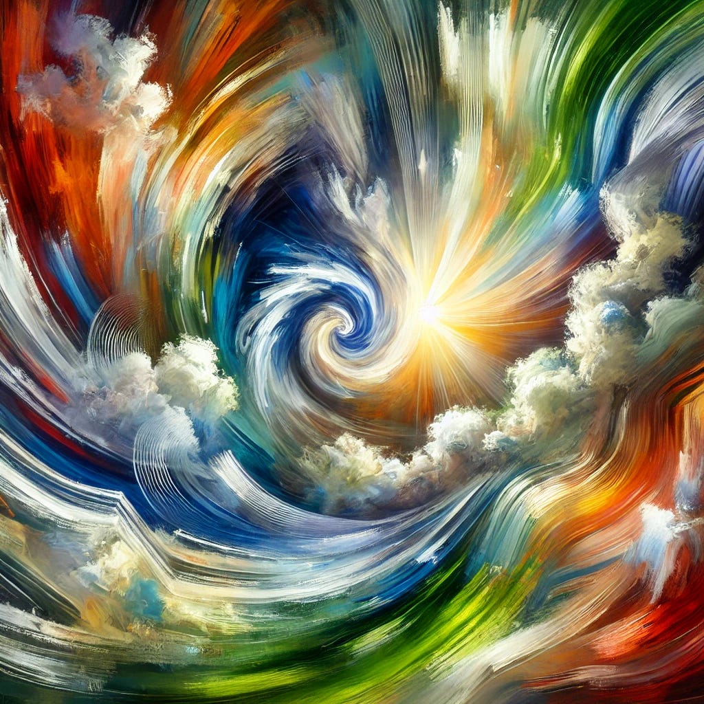 An abstract oil painting inspired by the concept of health, balance, and transformation, portrayed with vibrant and expressive brushstrokes. The image uses dynamic swirls of bold colors like green, red, blue, and white to evoke a sense of purity, energy, and fluidity. Light rays and soft gradients represent the idea of healing and innovation, with subtle organic shapes suggesting interactions and processes. The overall effect is harmonious and rich in texture, symbolizing growth and renewal.