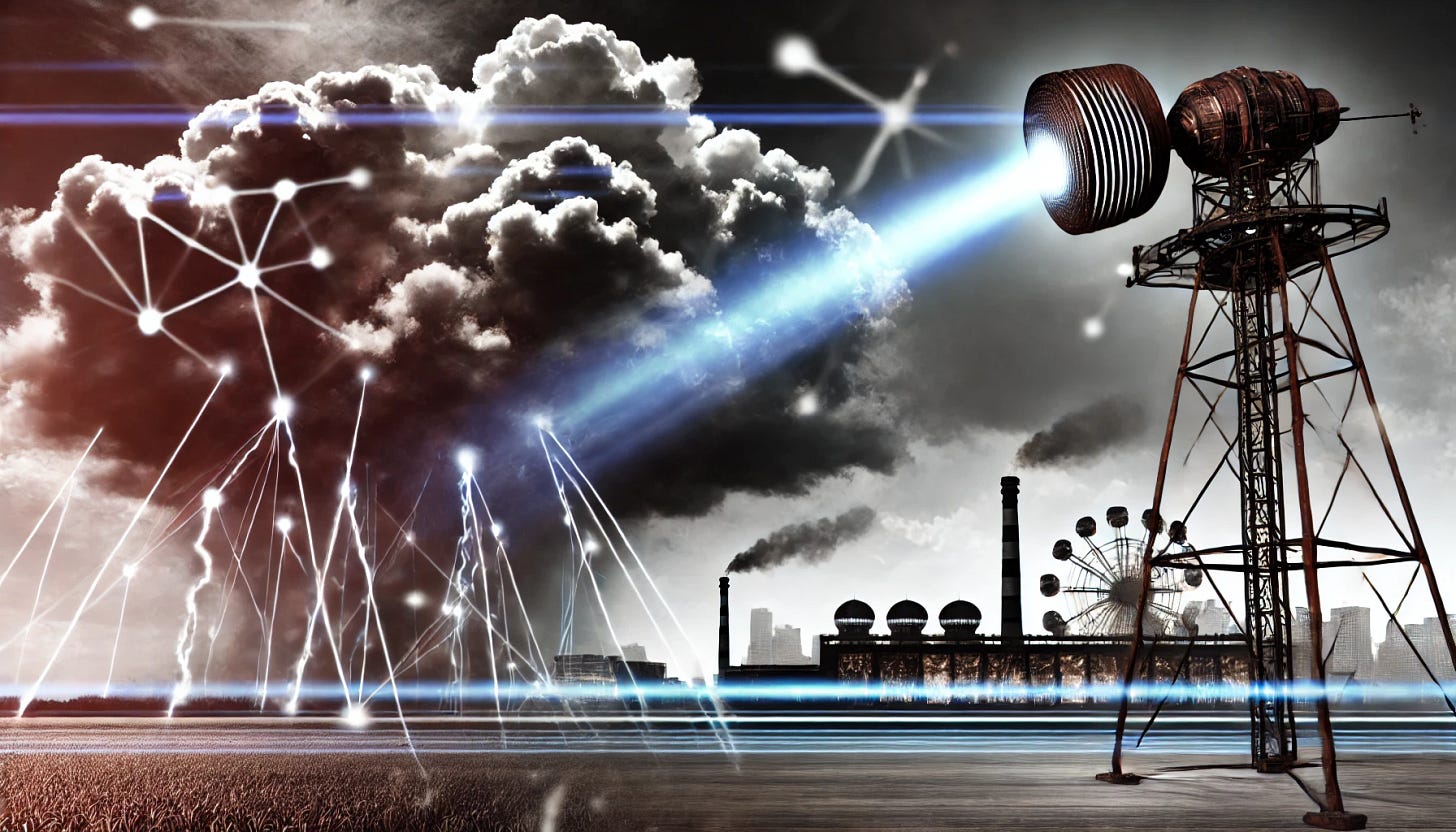 A bold and dramatic image depicting weather manipulation technology: dark, stormy clouds being split by a massive technological structure emitting beams of light into the sky, symbolizing control over weather patterns. In the background, a futuristic city and machinery represent advanced science at work. The scene has a powerful, ominous tone, highlighting human influence on nature.