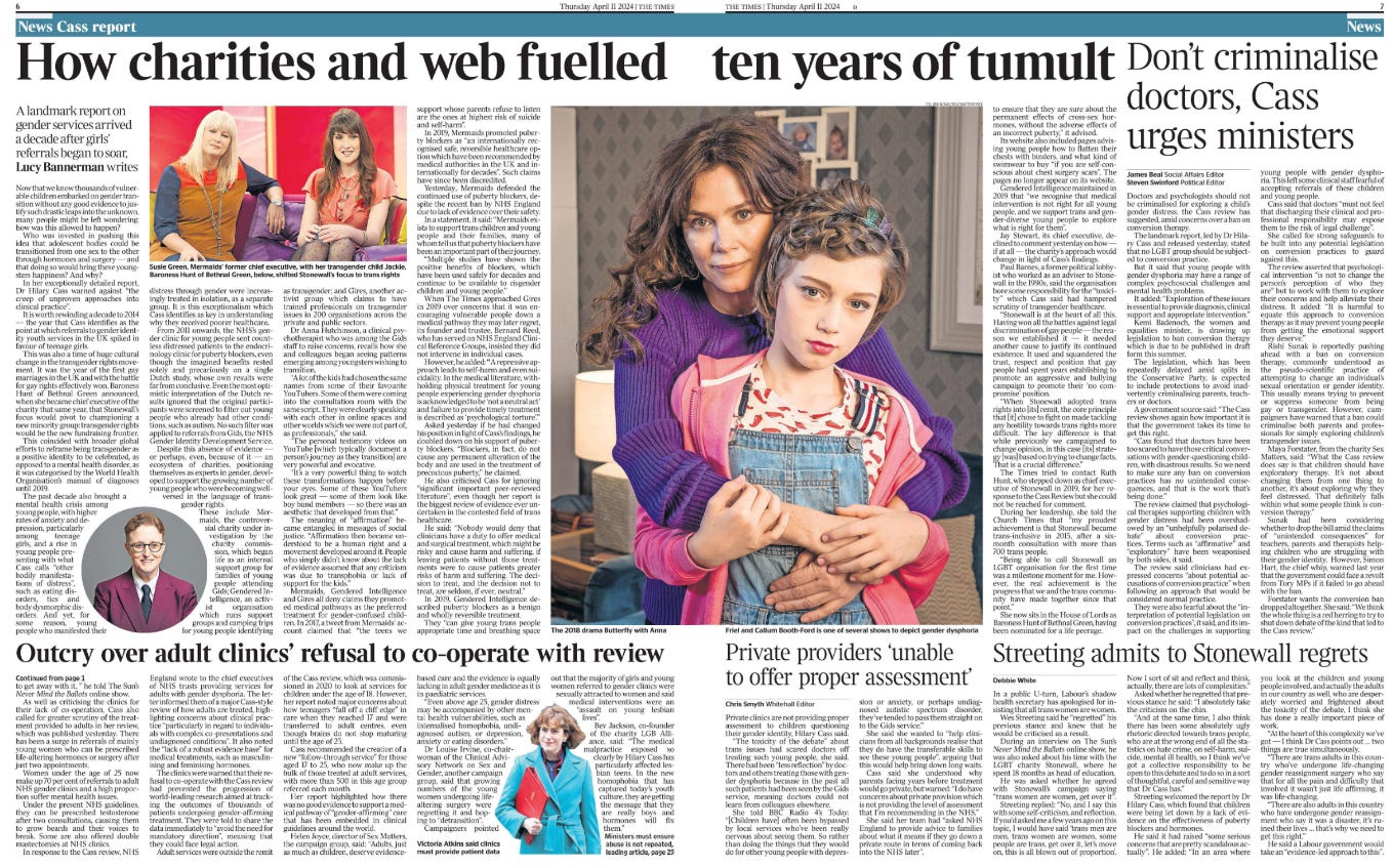 Times doubllepage spread with five articles on trans people