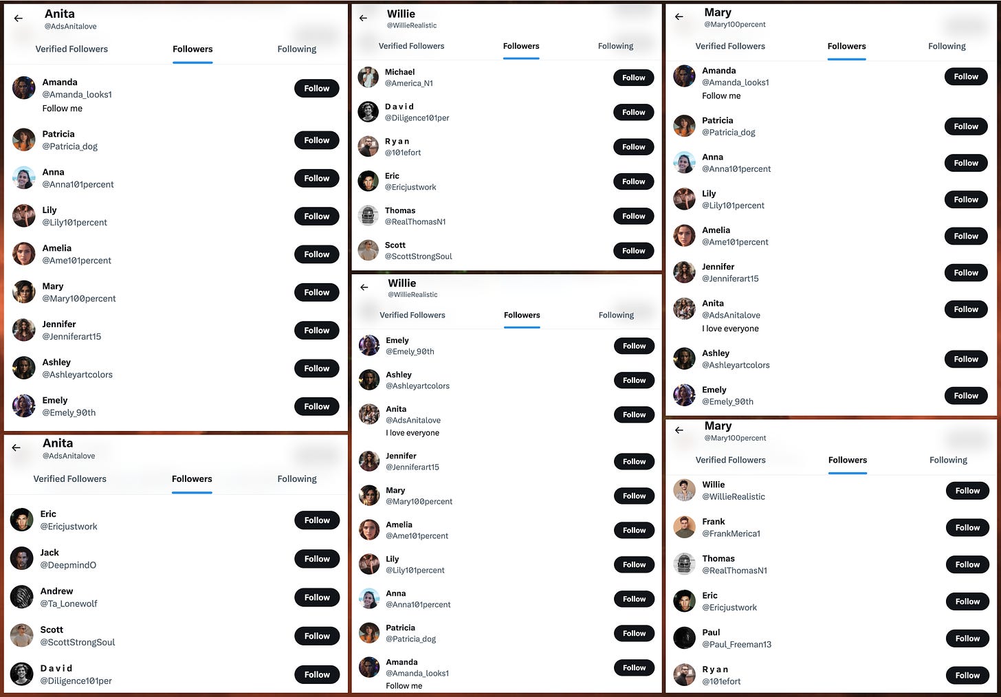 screenshots of the followers of several of the accounts in the spam network