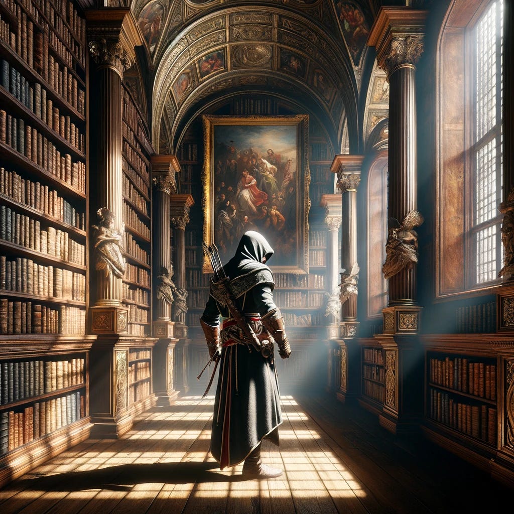 A scene inspired by the Assassin's Creed video game series, featuring a man lurking in the shadows of an opulent library adorned with Renaissance art. The library is richly decorated, with tall wooden bookshelves filled to the brim with ancient tomes. Sunlight filters through large, arched windows, casting dramatic shadows across the room. In these shadows, a cloaked figure stands, blending almost seamlessly into the darkened corners. His attire is reminiscent of an assassin from the Renaissance era, complete with a hooded cloak and leather bracers. The walls are hung with paintings characteristic of the Renaissance period, featuring robust use of color, classical themes, and detailed human figures. The overall atmosphere is one of mystery and intrigue, as if the figure is on the verge of uncovering a long-hidden secret among the dusty shelves.