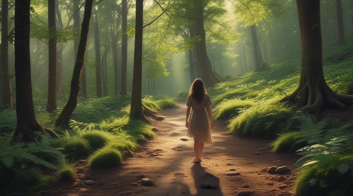 A woman walking barefoot on a peaceful forest path