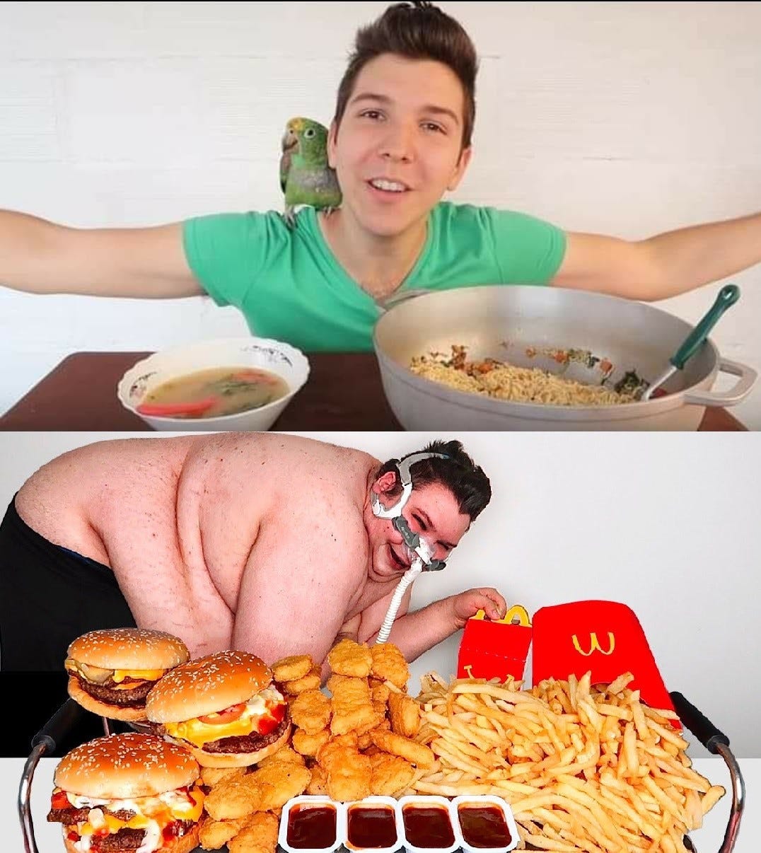 two photos six years apart one of a young healthy man and the other of a large man eating food