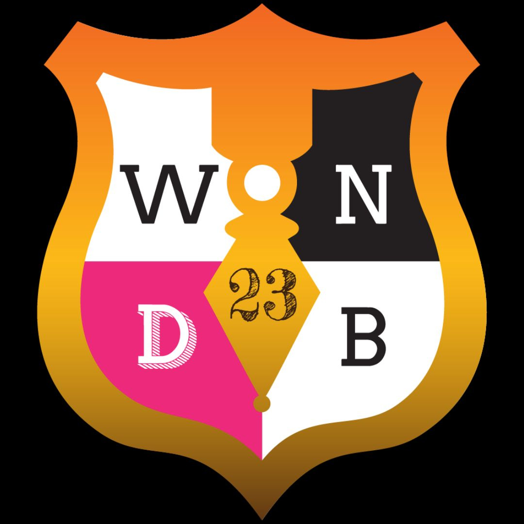 A gold and orange shield with a pen in the center that says "23", plus the WNDB logo letters inside.