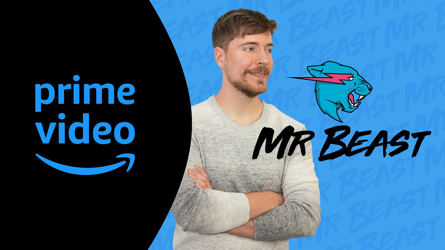 A close-up image of Mr. Beast on a blue background with the MrBeast logo on the right side and a black round banner on the left with the Prime Video logo.  