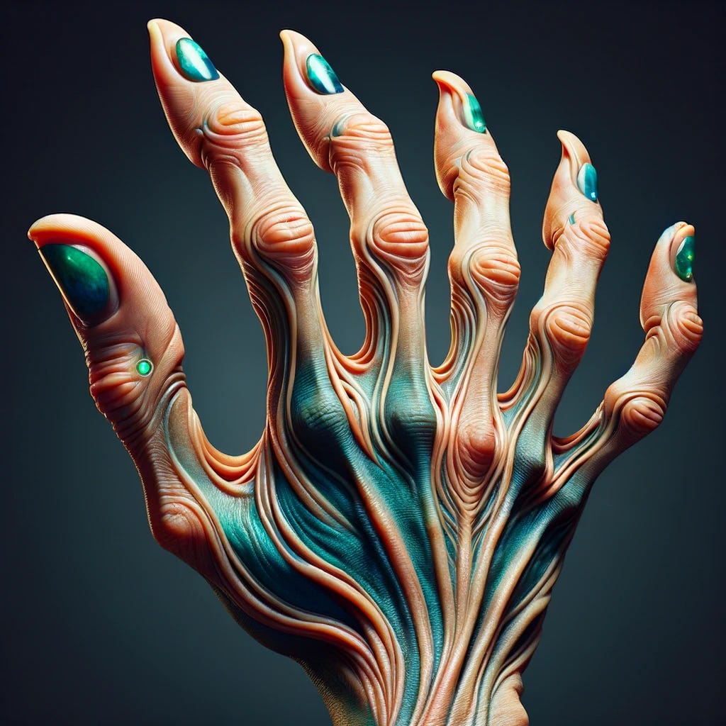 Imagine a hand that defies the norms of human anatomy, with six fingers including two thumbs, one on each end. This bizarre hand has a swirling pattern of skin, with colors transitioning from a natural skin tone at the wrist to a vibrant blue and green at the fingertips. The nails are elongated and slightly curved, resembling claws, and each finger is adorned with small, glowing gems embedded in the skin. The hand is posed in a dynamic gesture, as if reaching out to grasp something unseen, showcasing the unusual flexibility and range of motion of its extra digits.