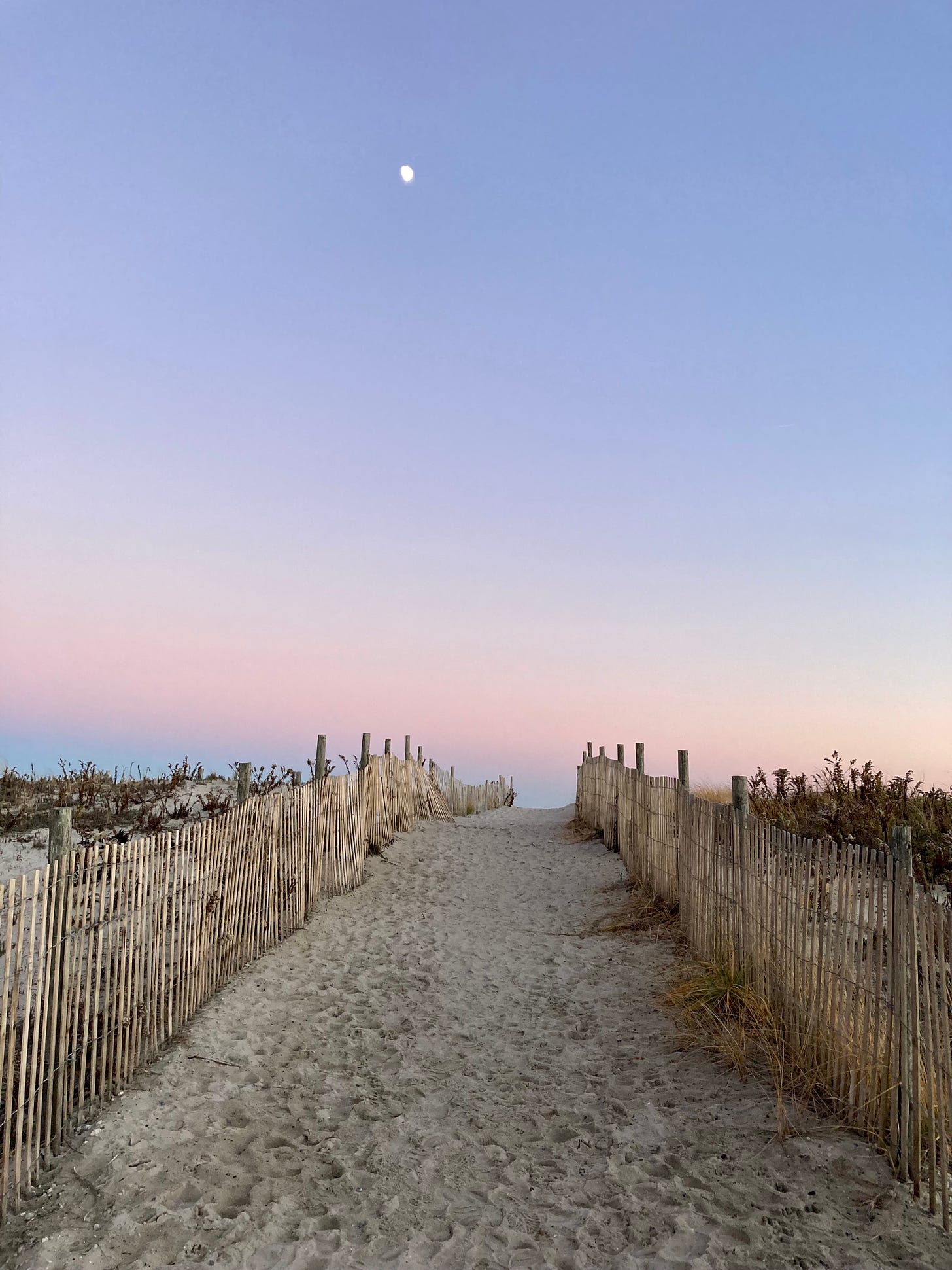 A sandy walkway through dunes at sunset. The sky fades periwinkle to rose, and a tiny half moon is visible in the sky