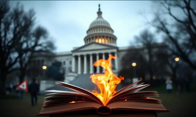 A burning book in front of the US Capital building.