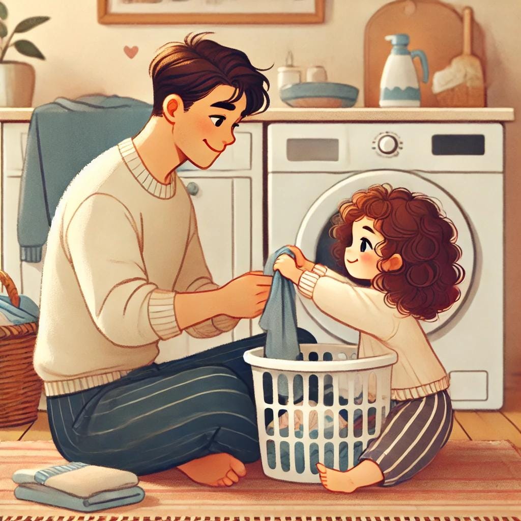 Toddler helping her dad fold laundry