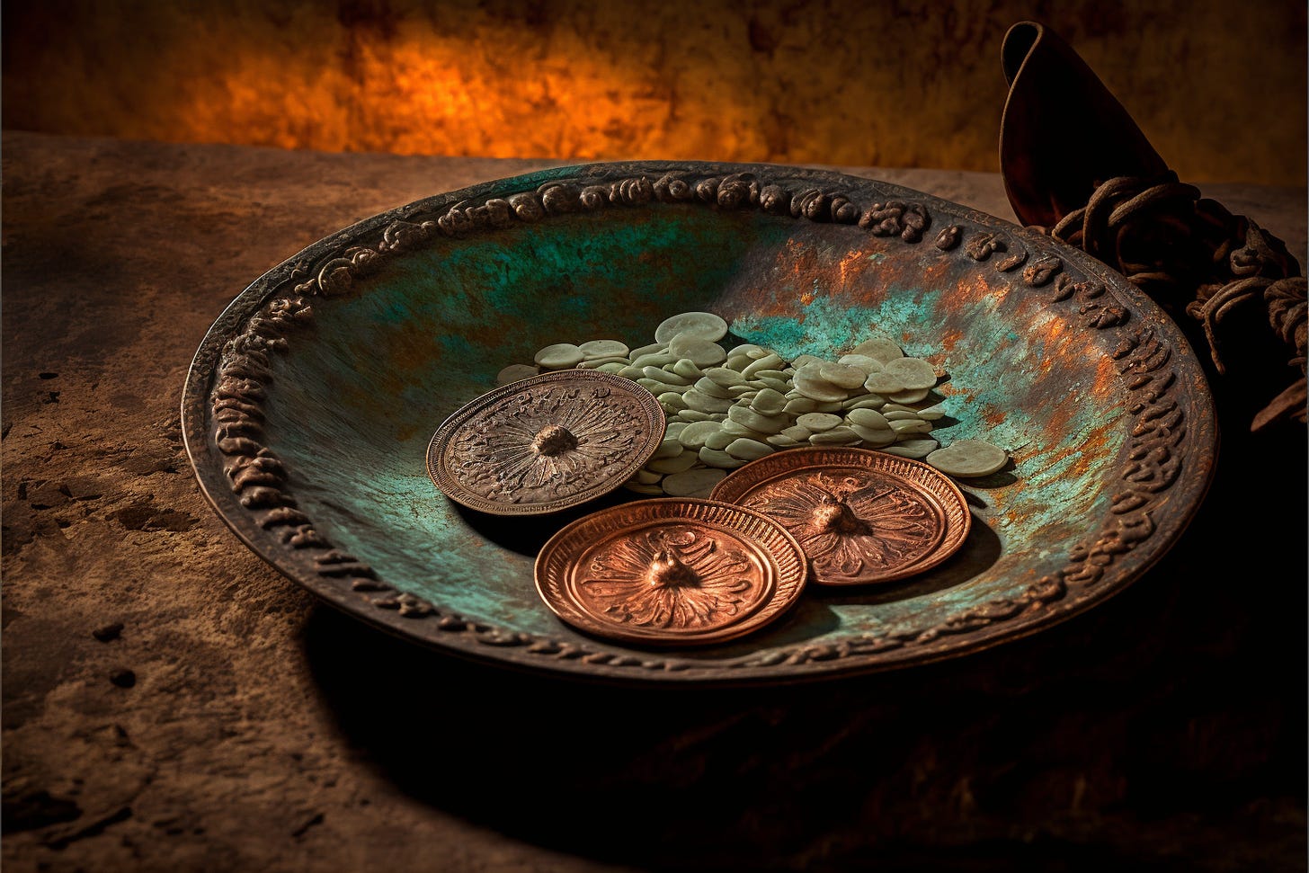 A copper plate with patina holds copper coins and split peas atop a stone surface