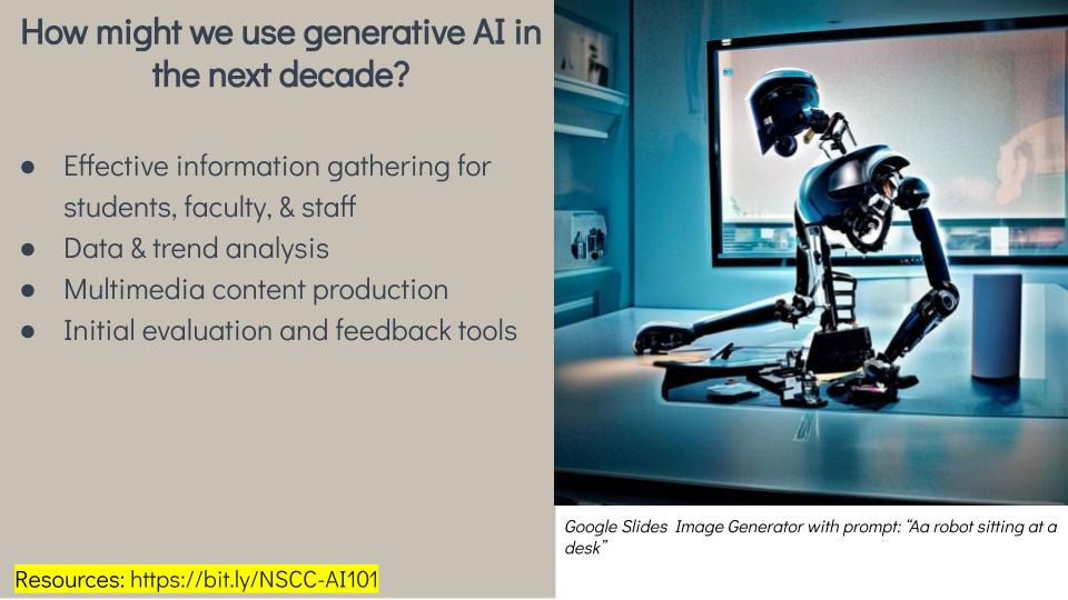 A slide from the slide deck with the outline of what this section covers along with an AI-generated image of a robot at a desk.